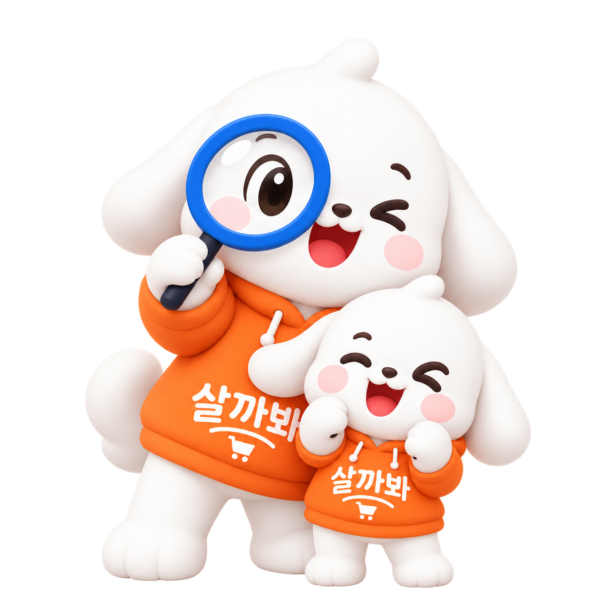 주황색 살까봐 후드를 입고 돋보기를 든 흰색 메인 캐릭터와 아기 캐릭터